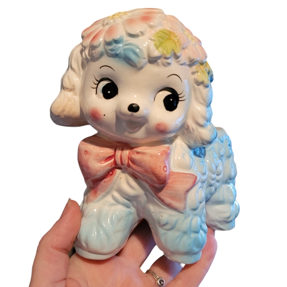 Vintage Kitsch Lamb Planter - Baby Pink & Blue